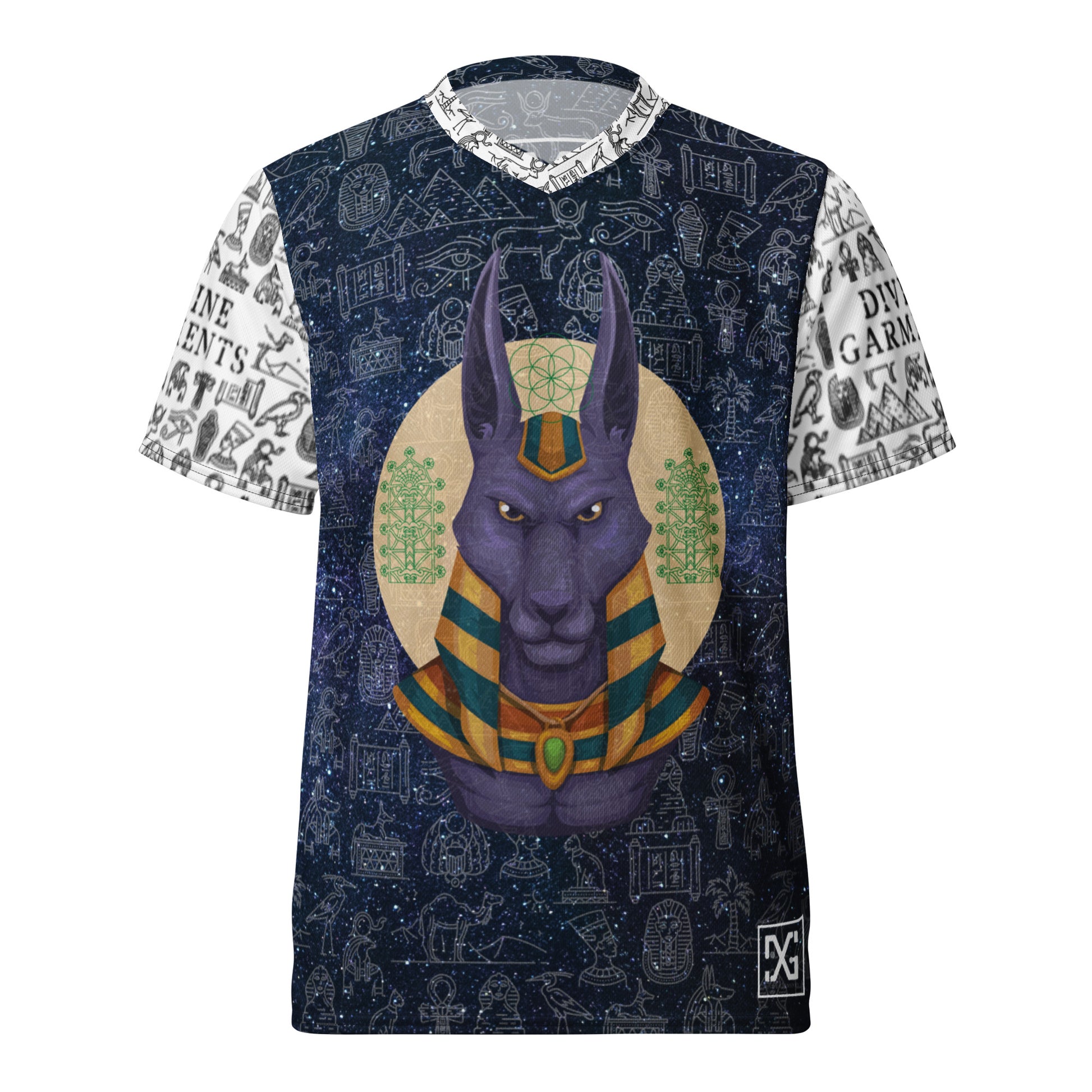 Say hello to Anubis. This recycled fabric, unisex sports jersey, is an absolute timeless classic. The design team decided to bring in some heavy Egyptian influences, and bring in some hieroglyphic ancient civilization vibes, specifically spotlighting Anubis.