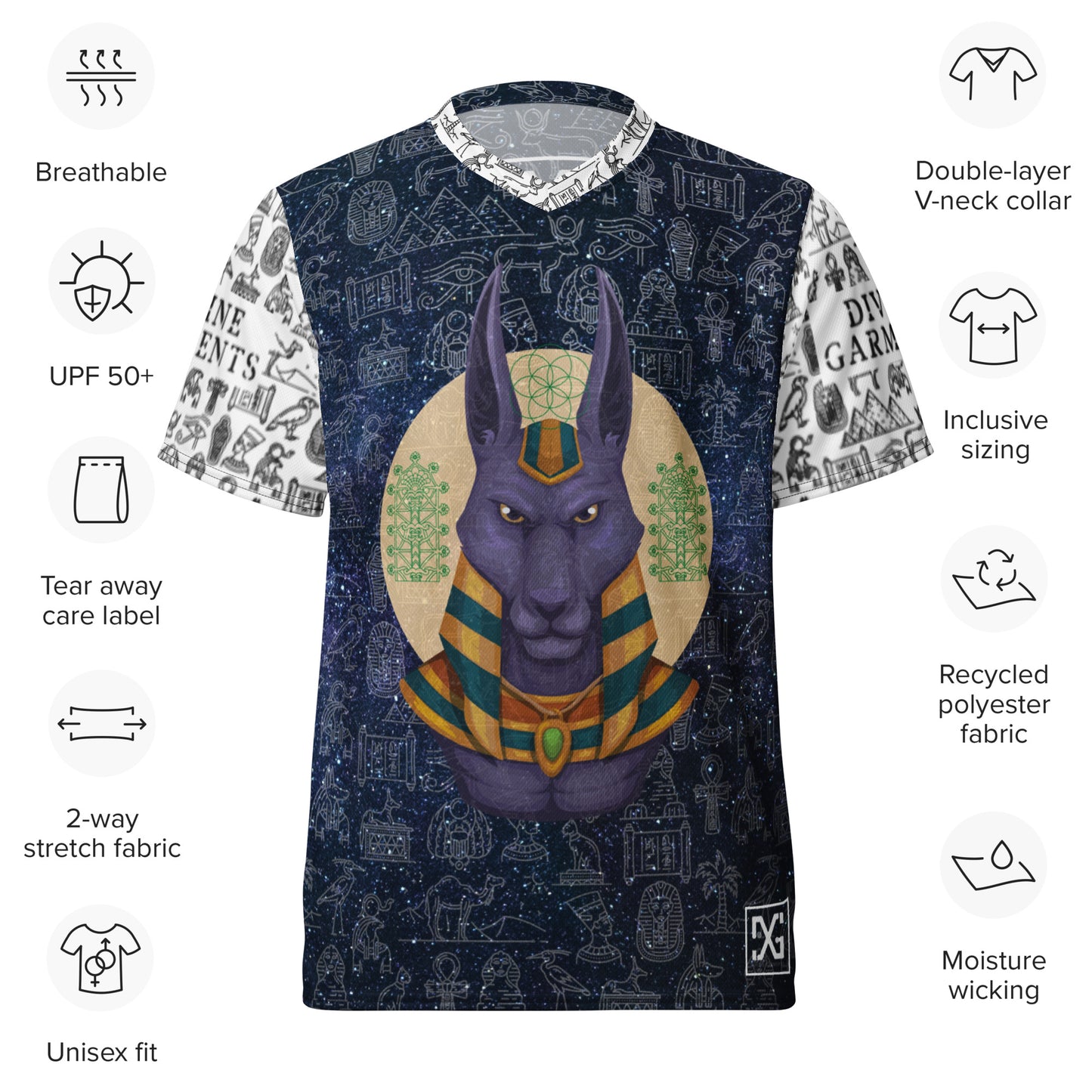 Say hello to Anubis. This recycled fabric, unisex sports jersey, is an absolute timeless classic. The design team decided to bring in some heavy Egyptian influences, and bring in some hieroglyphic ancient civilization vibes, specifically spotlighting Anubis.