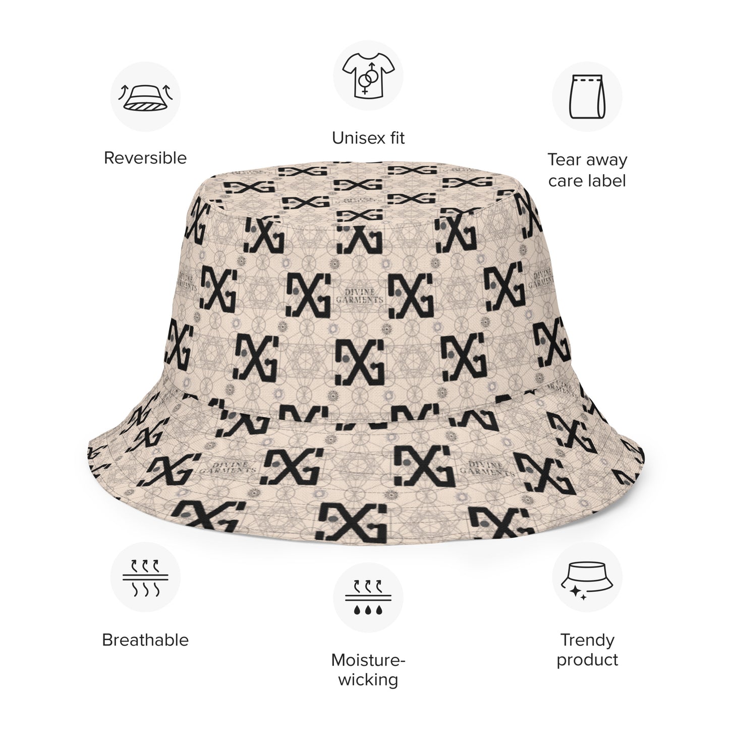 Introducing the ultimate streetwear accessory: the Divine Garments Reversible Bucket Hat! Proudly featuring the signature DG sacred geometry design, and inspired by the ancient Metatron's cube, this hat serves as a powerful symbol of protection and positive energy.